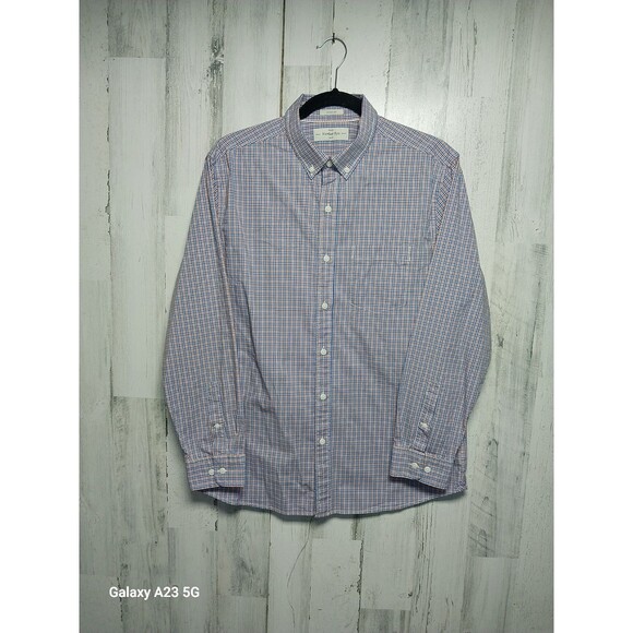 Hawker Rye Mens Button Down Shirt Blue Orange Plaid Long Sleeve Large Short - Picture 1 of 7